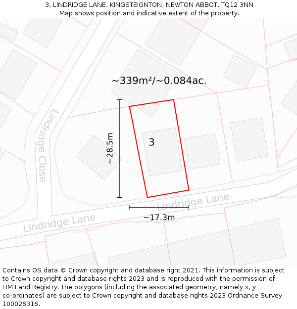 3, LINDRIDGE LANE, KINGSTEIGNTON, NEWTON ABBOT, TQ12 3NN: Plot and title map