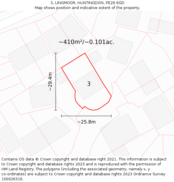 3, LINGMOOR, HUNTINGDON, PE29 6GD: Plot and title map