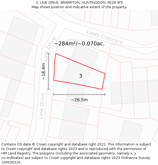 3, LINK DRIVE, BRAMPTON, HUNTINGDON, PE28 4FE: Plot and title map