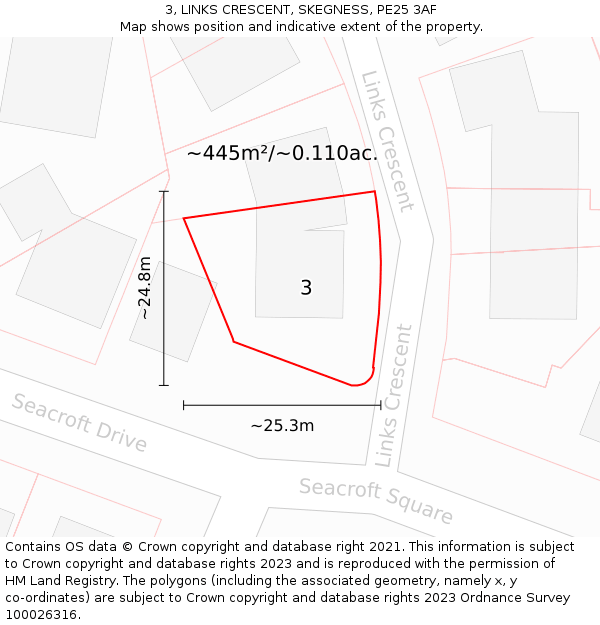 3, LINKS CRESCENT, SKEGNESS, PE25 3AF: Plot and title map