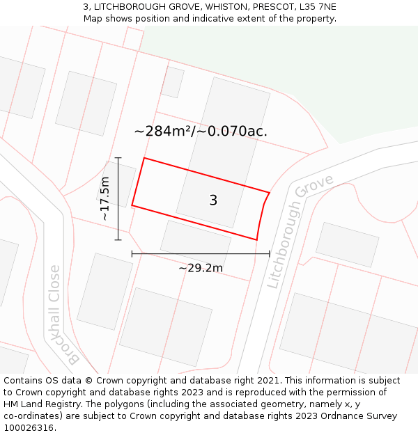 3, LITCHBOROUGH GROVE, WHISTON, PRESCOT, L35 7NE: Plot and title map