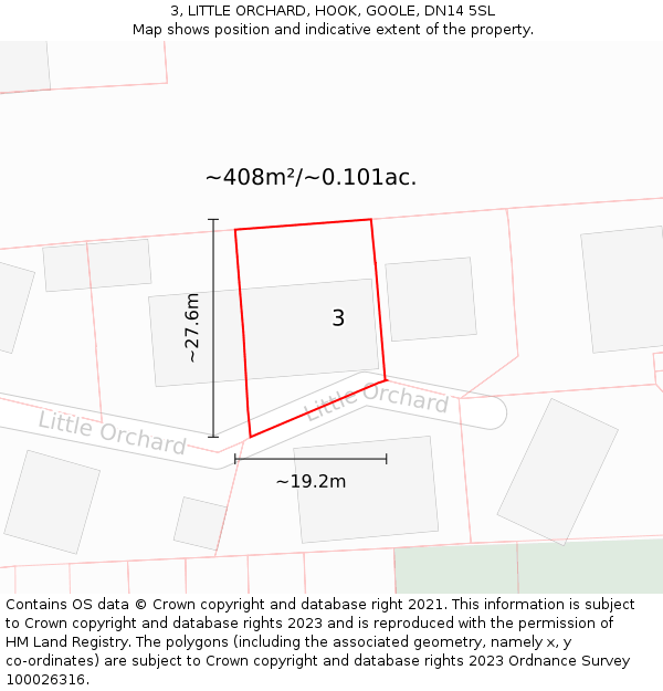 3, LITTLE ORCHARD, HOOK, GOOLE, DN14 5SL: Plot and title map
