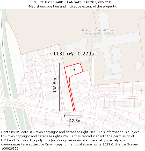 3, LITTLE ORCHARD, LLANDAFF, CARDIFF, CF5 2ND: Plot and title map
