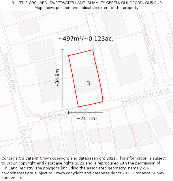 3, LITTLE ORCHARD, SWEETWATER LANE, SHAMLEY GREEN, GUILDFORD, GU5 0UP: Plot and title map