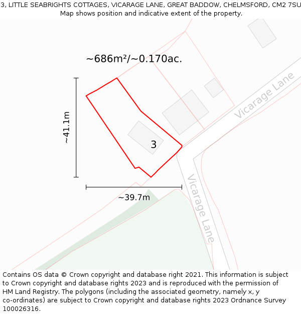 3, LITTLE SEABRIGHTS COTTAGES, VICARAGE LANE, GREAT BADDOW, CHELMSFORD, CM2 7SU: Plot and title map