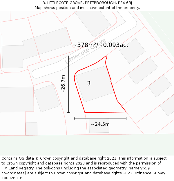 3, LITTLECOTE GROVE, PETERBOROUGH, PE4 6BJ: Plot and title map