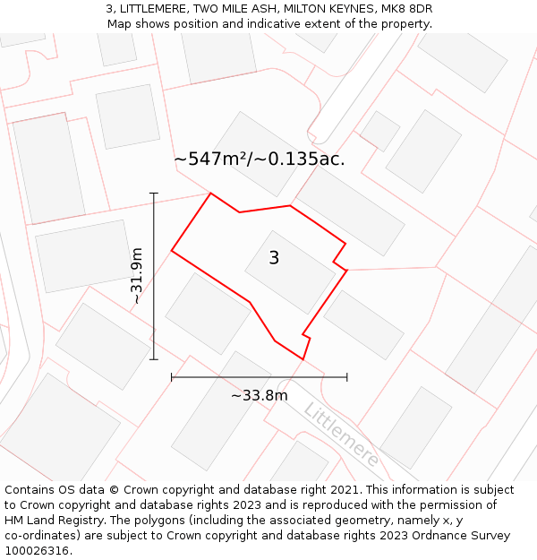 3, LITTLEMERE, TWO MILE ASH, MILTON KEYNES, MK8 8DR: Plot and title map