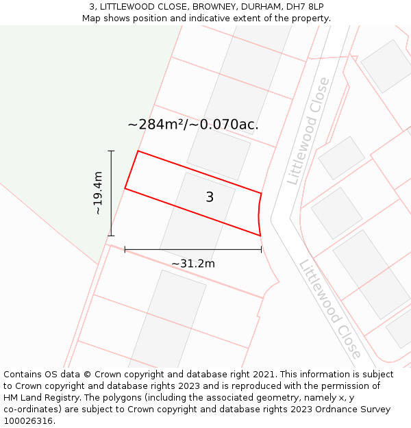 3, LITTLEWOOD CLOSE, BROWNEY, DURHAM, DH7 8LP: Plot and title map