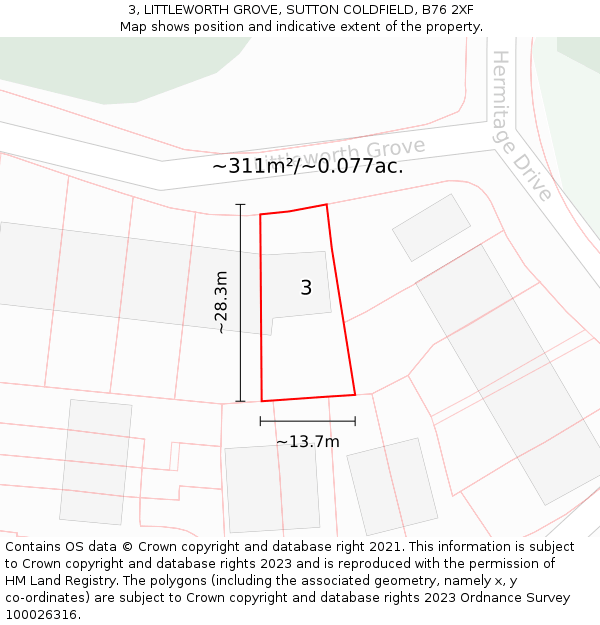 3, LITTLEWORTH GROVE, SUTTON COLDFIELD, B76 2XF: Plot and title map