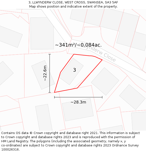 3, LLWYNDERW CLOSE, WEST CROSS, SWANSEA, SA3 5AF: Plot and title map