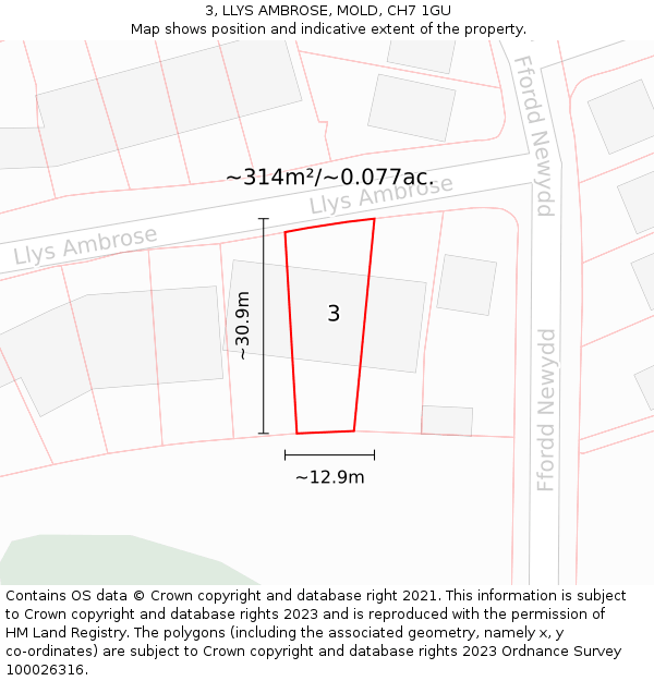 3, LLYS AMBROSE, MOLD, CH7 1GU: Plot and title map