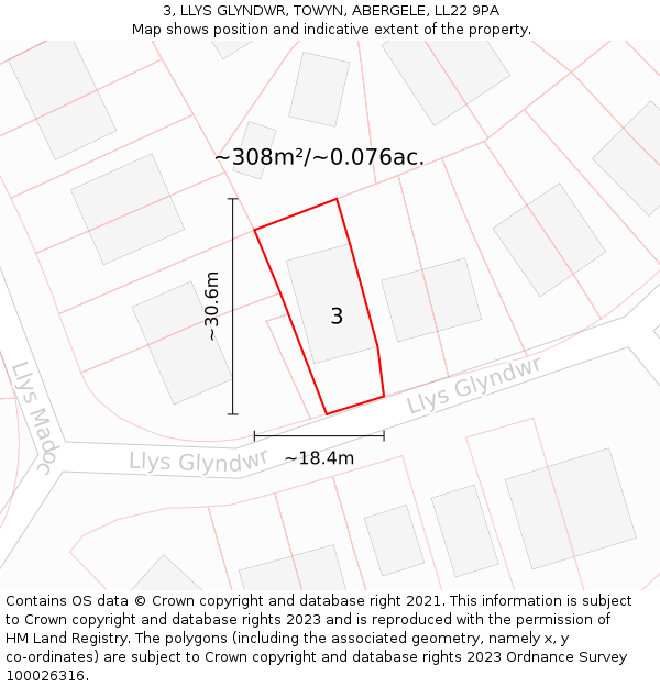 3, LLYS GLYNDWR, TOWYN, ABERGELE, LL22 9PA: Plot and title map