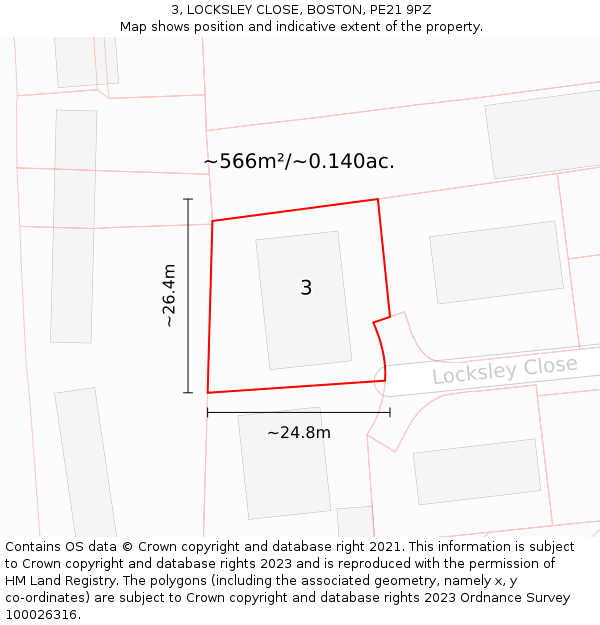 3, LOCKSLEY CLOSE, BOSTON, PE21 9PZ: Plot and title map