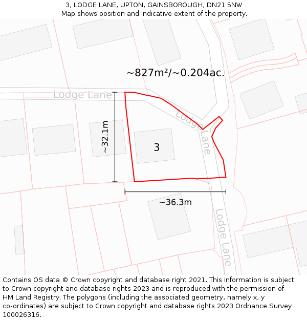 3, LODGE LANE, UPTON, GAINSBOROUGH, DN21 5NW: Plot and title map