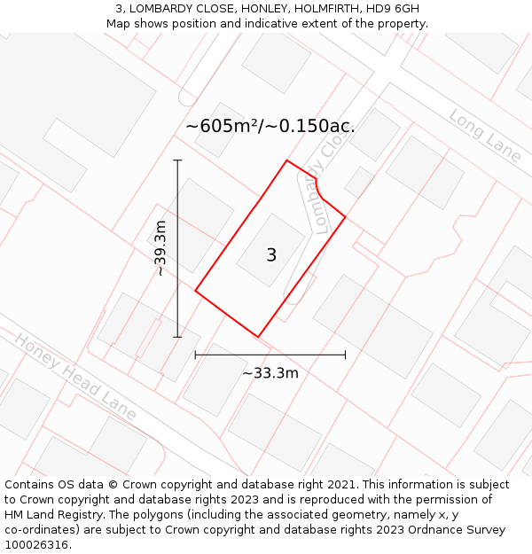3, LOMBARDY CLOSE, HONLEY, HOLMFIRTH, HD9 6GH: Plot and title map