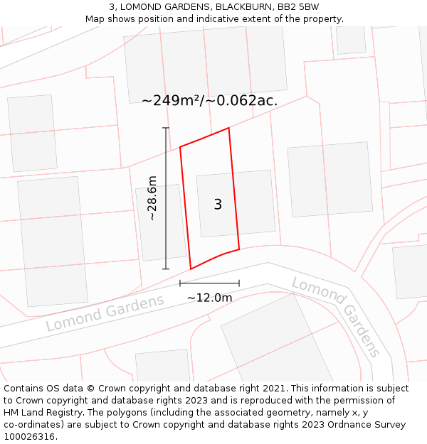 3, LOMOND GARDENS, BLACKBURN, BB2 5BW: Plot and title map