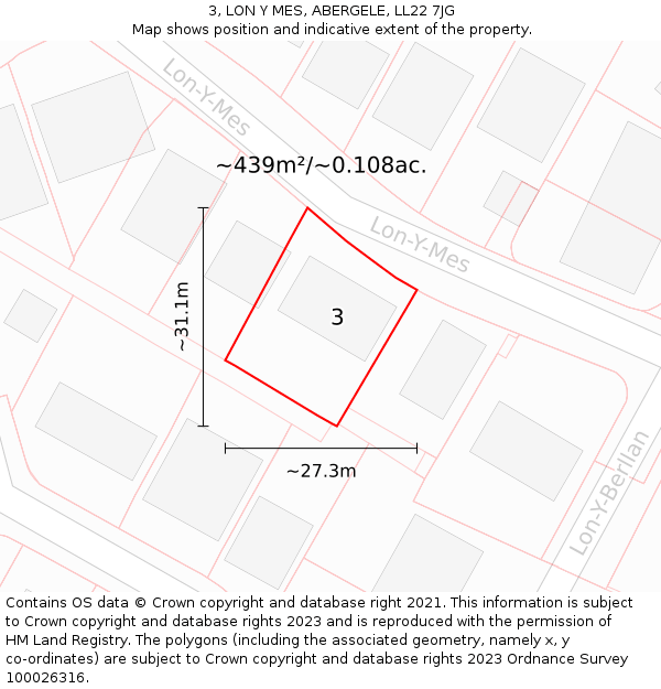 3, LON Y MES, ABERGELE, LL22 7JG: Plot and title map