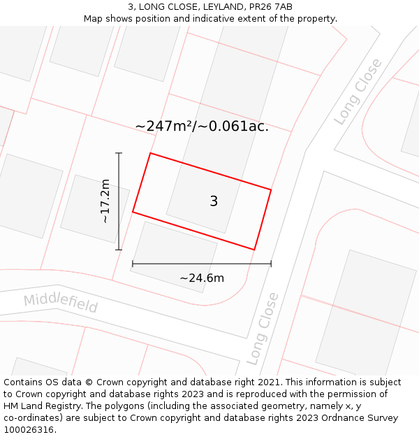 3, LONG CLOSE, LEYLAND, PR26 7AB: Plot and title map