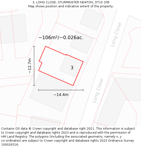 3, LONG CLOSE, STURMINSTER NEWTON, DT10 1FB: Plot and title map