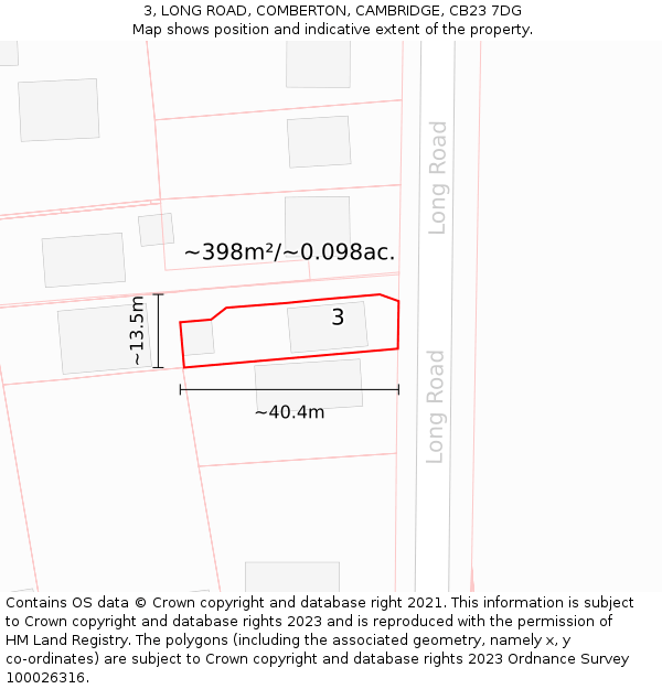 3, LONG ROAD, COMBERTON, CAMBRIDGE, CB23 7DG: Plot and title map