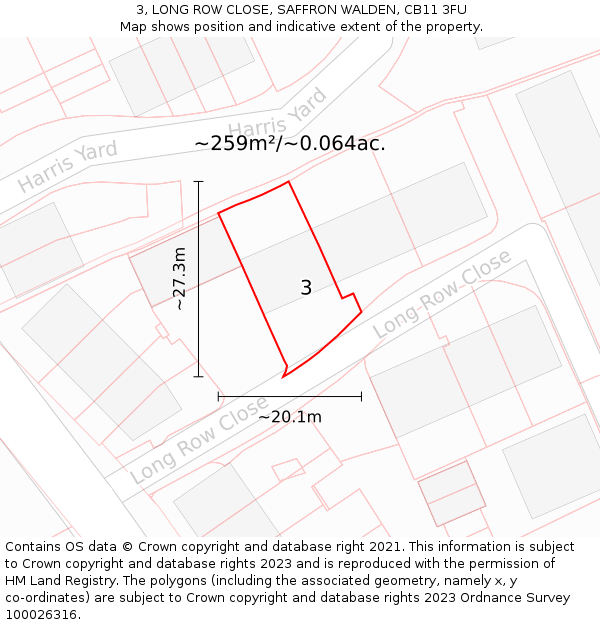 3, LONG ROW CLOSE, SAFFRON WALDEN, CB11 3FU: Plot and title map