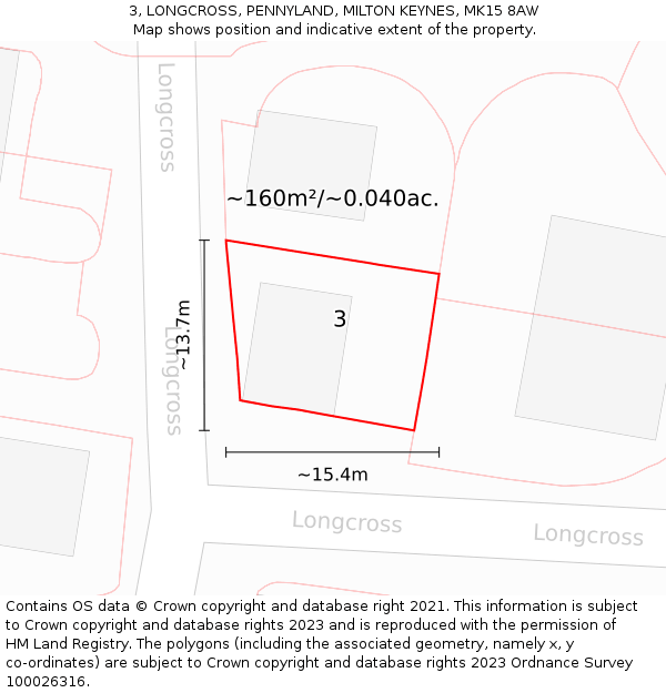 3, LONGCROSS, PENNYLAND, MILTON KEYNES, MK15 8AW: Plot and title map