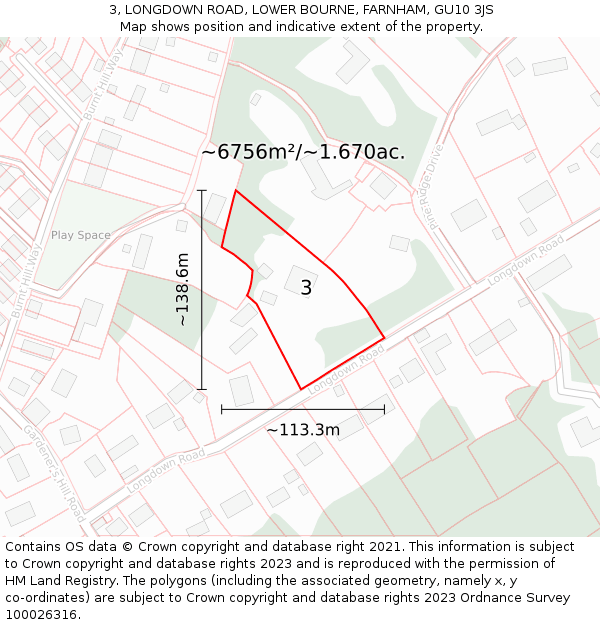 3, LONGDOWN ROAD, LOWER BOURNE, FARNHAM, GU10 3JS: Plot and title map