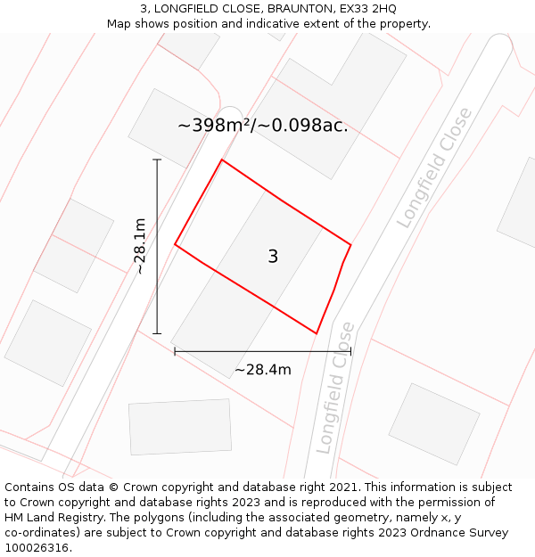 3, LONGFIELD CLOSE, BRAUNTON, EX33 2HQ: Plot and title map
