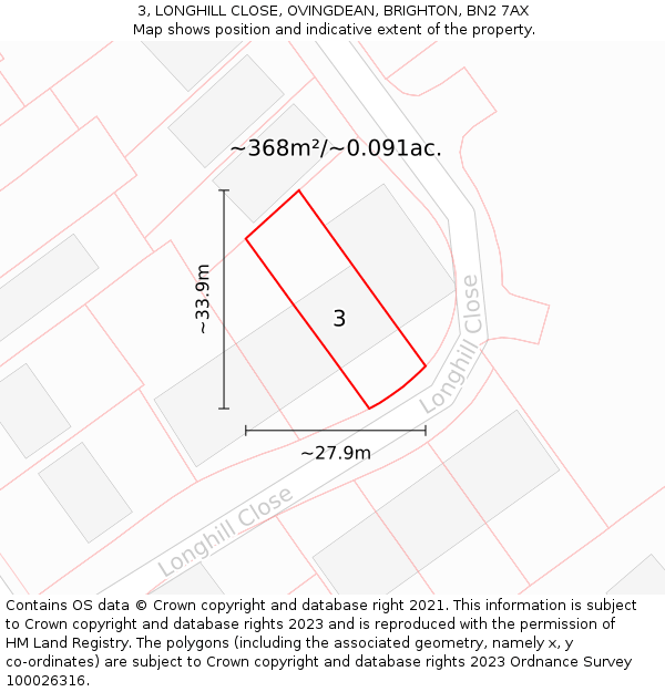 3, LONGHILL CLOSE, OVINGDEAN, BRIGHTON, BN2 7AX: Plot and title map