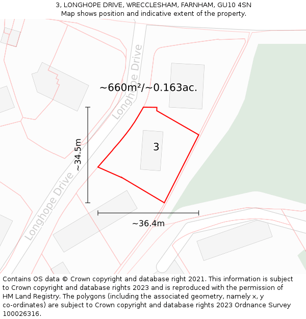 3, LONGHOPE DRIVE, WRECCLESHAM, FARNHAM, GU10 4SN: Plot and title map