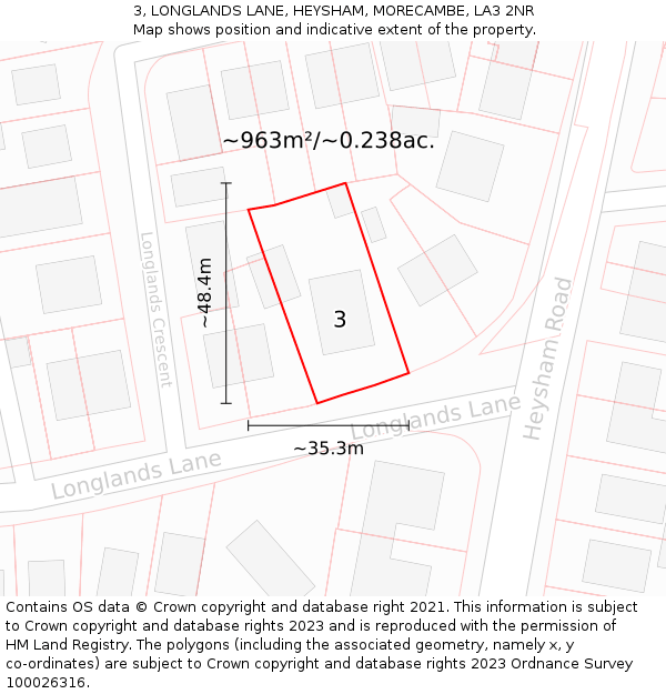 3, LONGLANDS LANE, HEYSHAM, MORECAMBE, LA3 2NR: Plot and title map