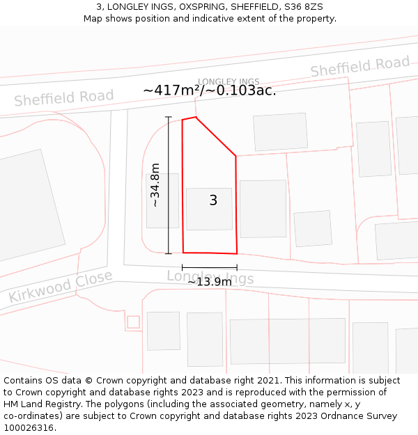 3, LONGLEY INGS, OXSPRING, SHEFFIELD, S36 8ZS: Plot and title map