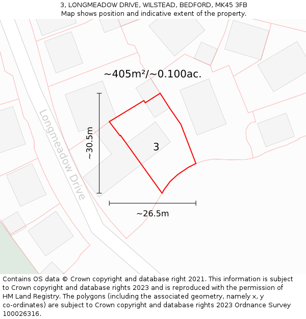 3, LONGMEADOW DRIVE, WILSTEAD, BEDFORD, MK45 3FB: Plot and title map