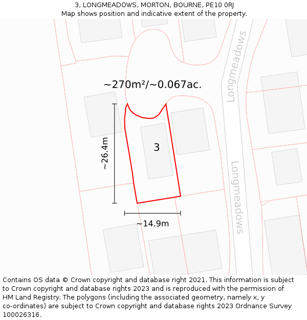 3, LONGMEADOWS, MORTON, BOURNE, PE10 0RJ: Plot and title map