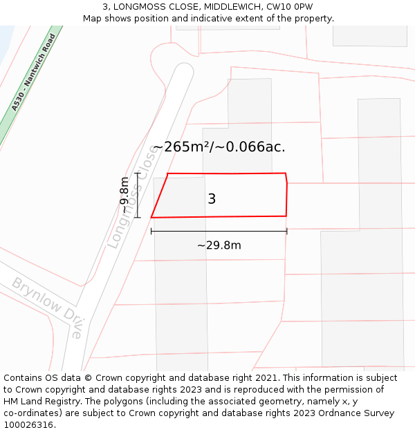 3, LONGMOSS CLOSE, MIDDLEWICH, CW10 0PW: Plot and title map