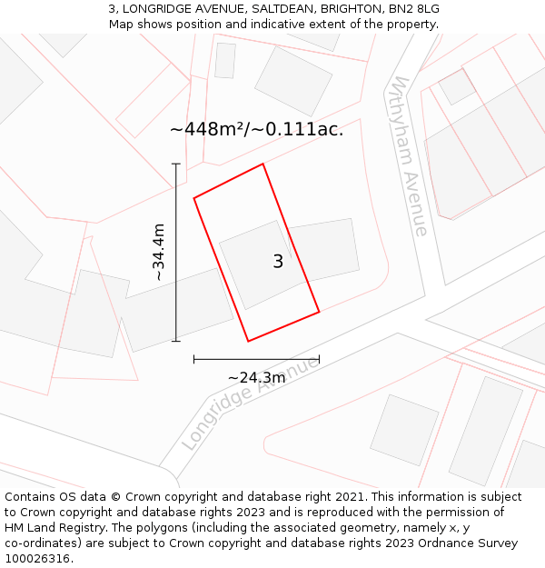 3, LONGRIDGE AVENUE, SALTDEAN, BRIGHTON, BN2 8LG: Plot and title map