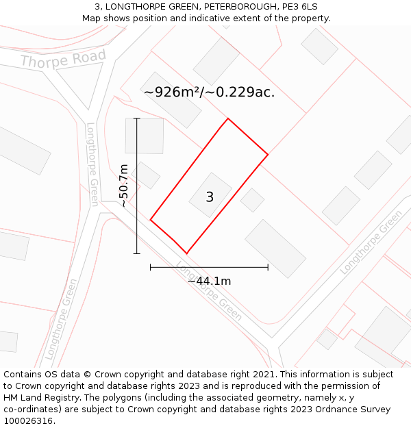 3, LONGTHORPE GREEN, PETERBOROUGH, PE3 6LS: Plot and title map