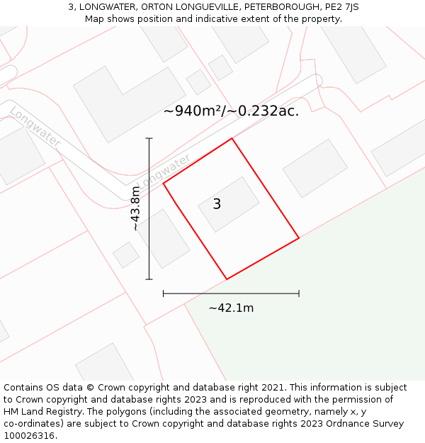 3, LONGWATER, ORTON LONGUEVILLE, PETERBOROUGH, PE2 7JS: Plot and title map
