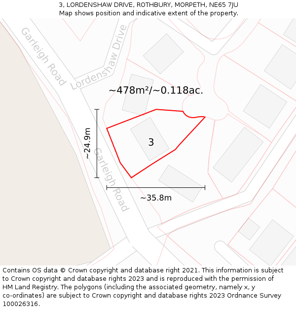 3, LORDENSHAW DRIVE, ROTHBURY, MORPETH, NE65 7JU: Plot and title map