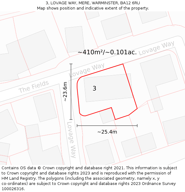 3, LOVAGE WAY, MERE, WARMINSTER, BA12 6RU: Plot and title map