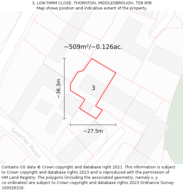 3, LOW FARM CLOSE, THORNTON, MIDDLESBROUGH, TS8 9FB: Plot and title map