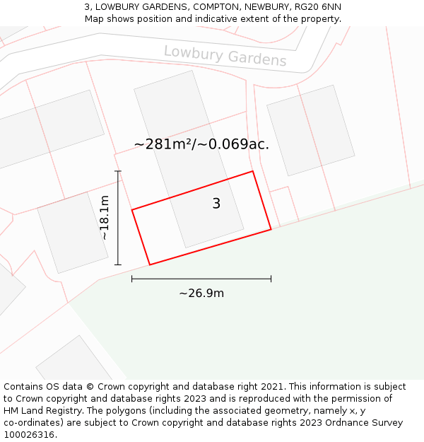 3, LOWBURY GARDENS, COMPTON, NEWBURY, RG20 6NN: Plot and title map