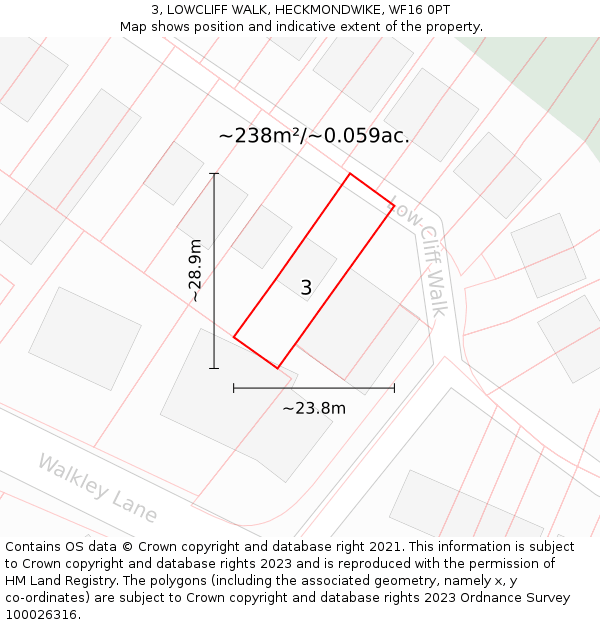 3, LOWCLIFF WALK, HECKMONDWIKE, WF16 0PT: Plot and title map
