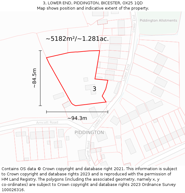 3, LOWER END, PIDDINGTON, BICESTER, OX25 1QD: Plot and title map