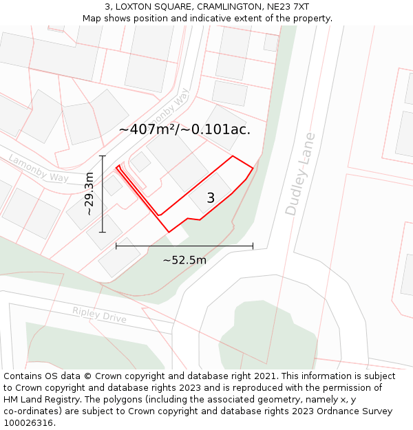 3, LOXTON SQUARE, CRAMLINGTON, NE23 7XT: Plot and title map