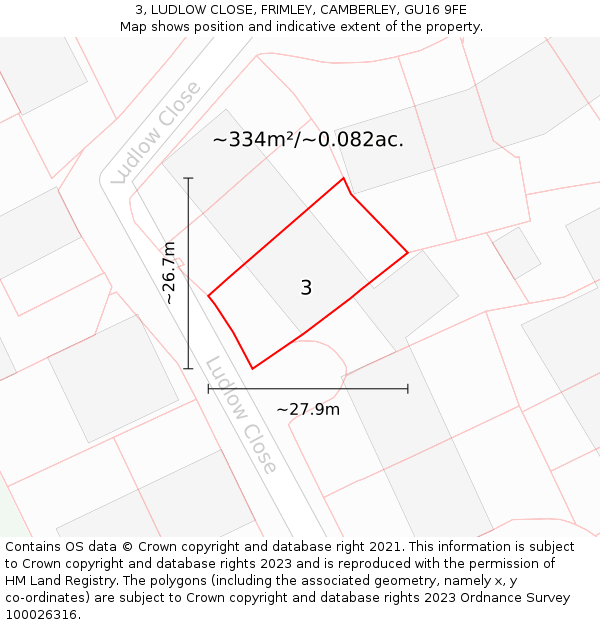 3, LUDLOW CLOSE, FRIMLEY, CAMBERLEY, GU16 9FE: Plot and title map