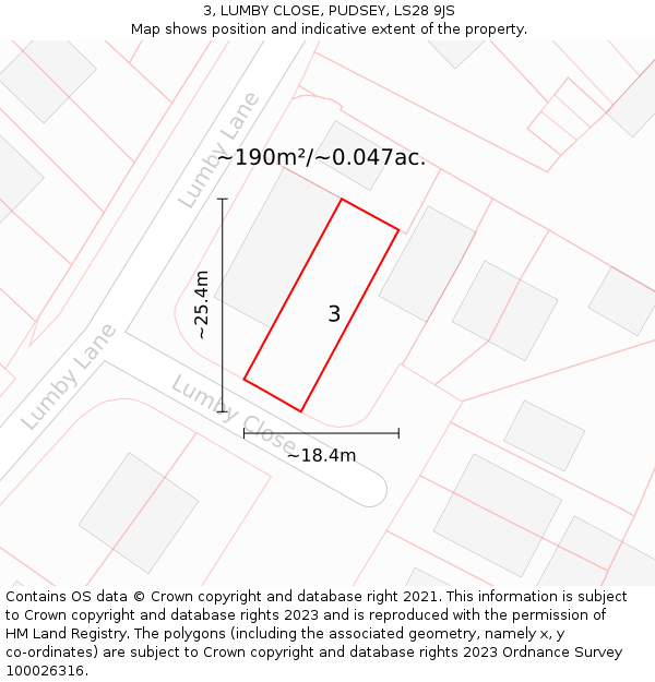 3, LUMBY CLOSE, PUDSEY, LS28 9JS: Plot and title map