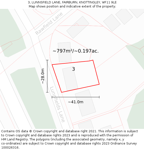 3, LUNNSFIELD LANE, FAIRBURN, KNOTTINGLEY, WF11 9LE: Plot and title map