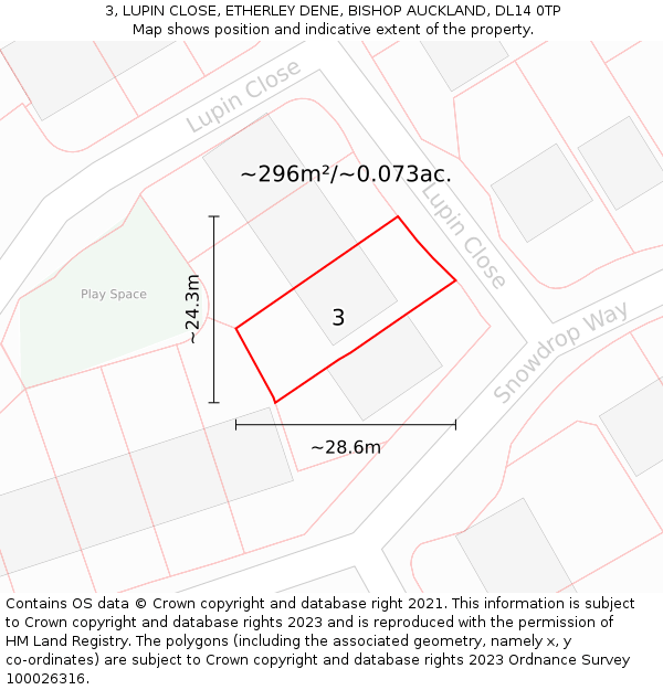 3, LUPIN CLOSE, ETHERLEY DENE, BISHOP AUCKLAND, DL14 0TP: Plot and title map