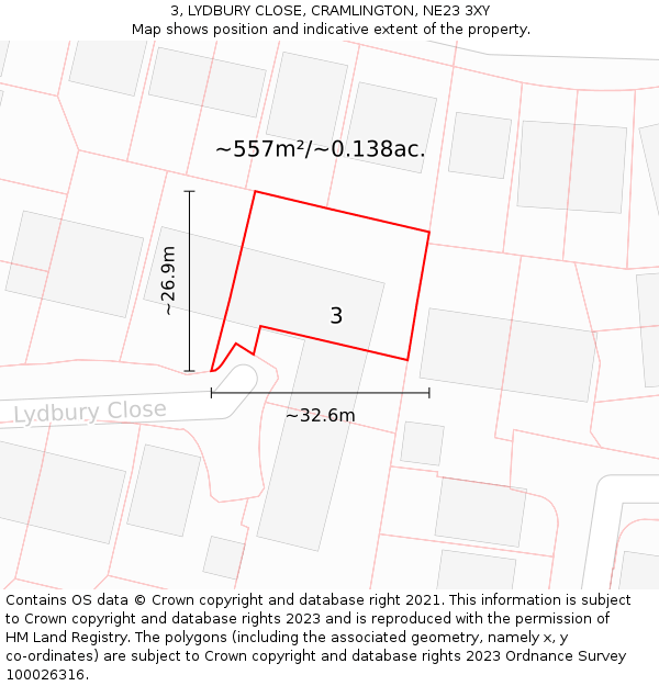 3, LYDBURY CLOSE, CRAMLINGTON, NE23 3XY: Plot and title map